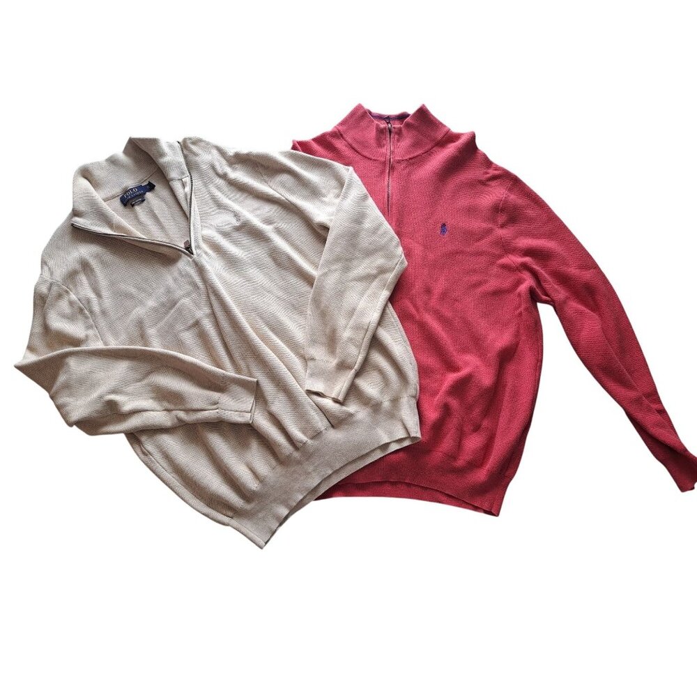 Lot 2 Polo Ralph Lauren Men's XXL Pima Cotton Quarter-Zip Sweaters Beige Salmon